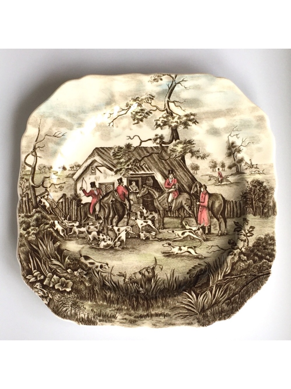 Rare English Transferware Tally Ho “ STIRRUP CUP ” Square Salad Plate